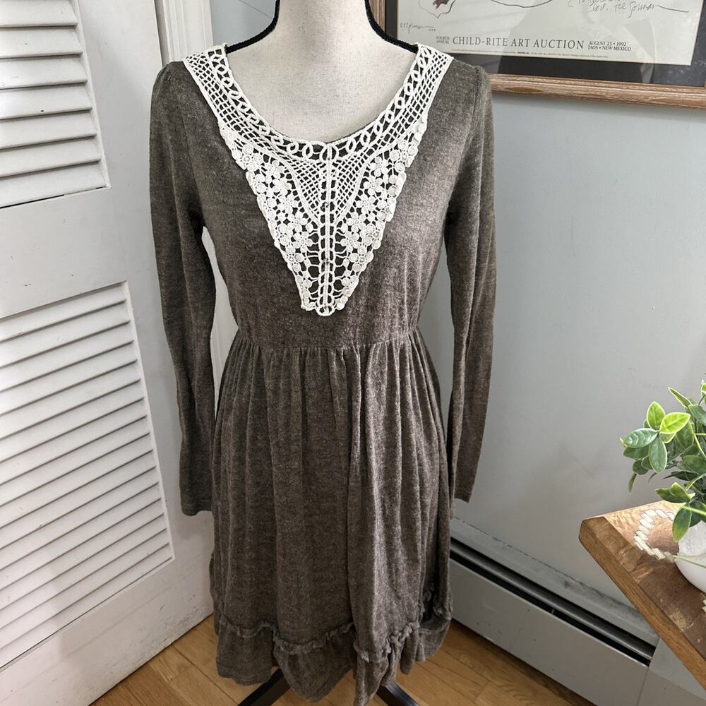 A'Reve Sweater Dress Medium Brown Lace Bib Romantic Indie Granola Boho Chic